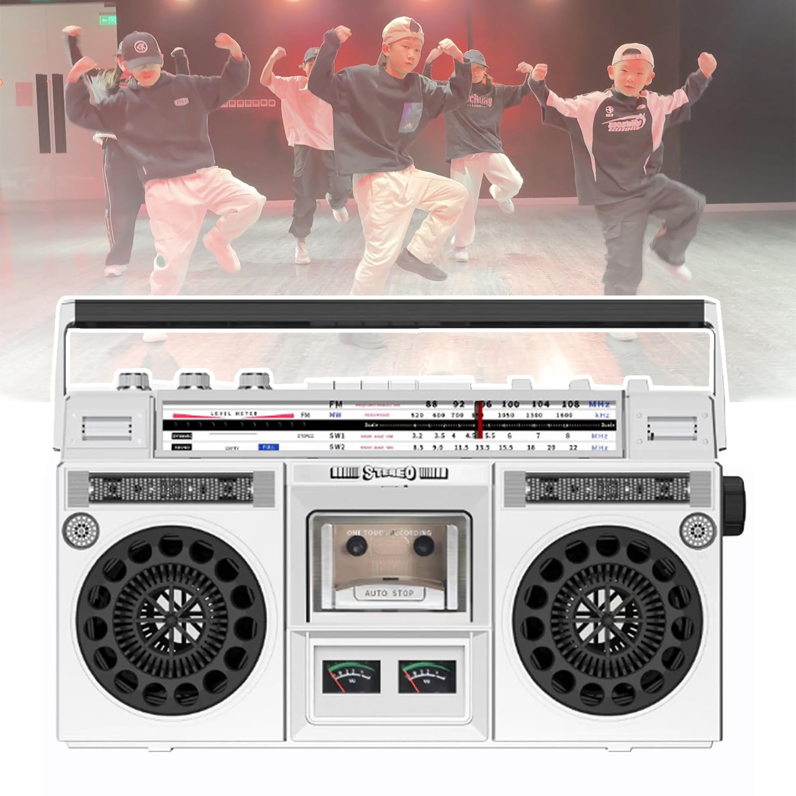 Klasyczny retro odtwarzacz CD w stylu lat 80., przenośny boombox kasetowy z radiem AM/FM, wejście SD/USB i magnetofon kasetowy, idealny na rodzinne spotkania i podróże