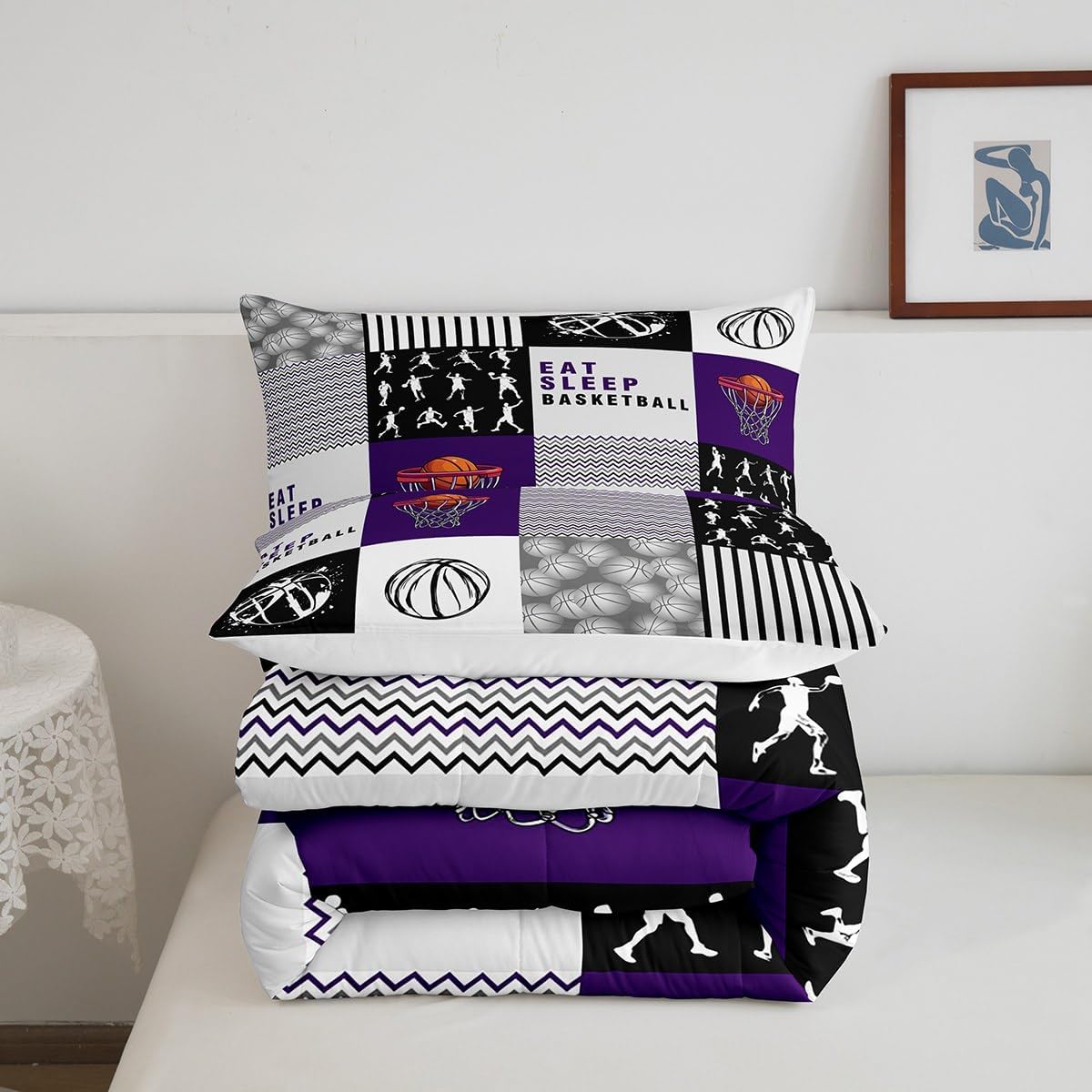 Kids Basketball Comforter Set Queen,Eat Sleep Basketball Bedding for Boys Girls Teens,Sports Game Bedding Comforter Sets,Geometric Patchwork Duvet Insert with 2 Pillowcases Warm,Purple Black