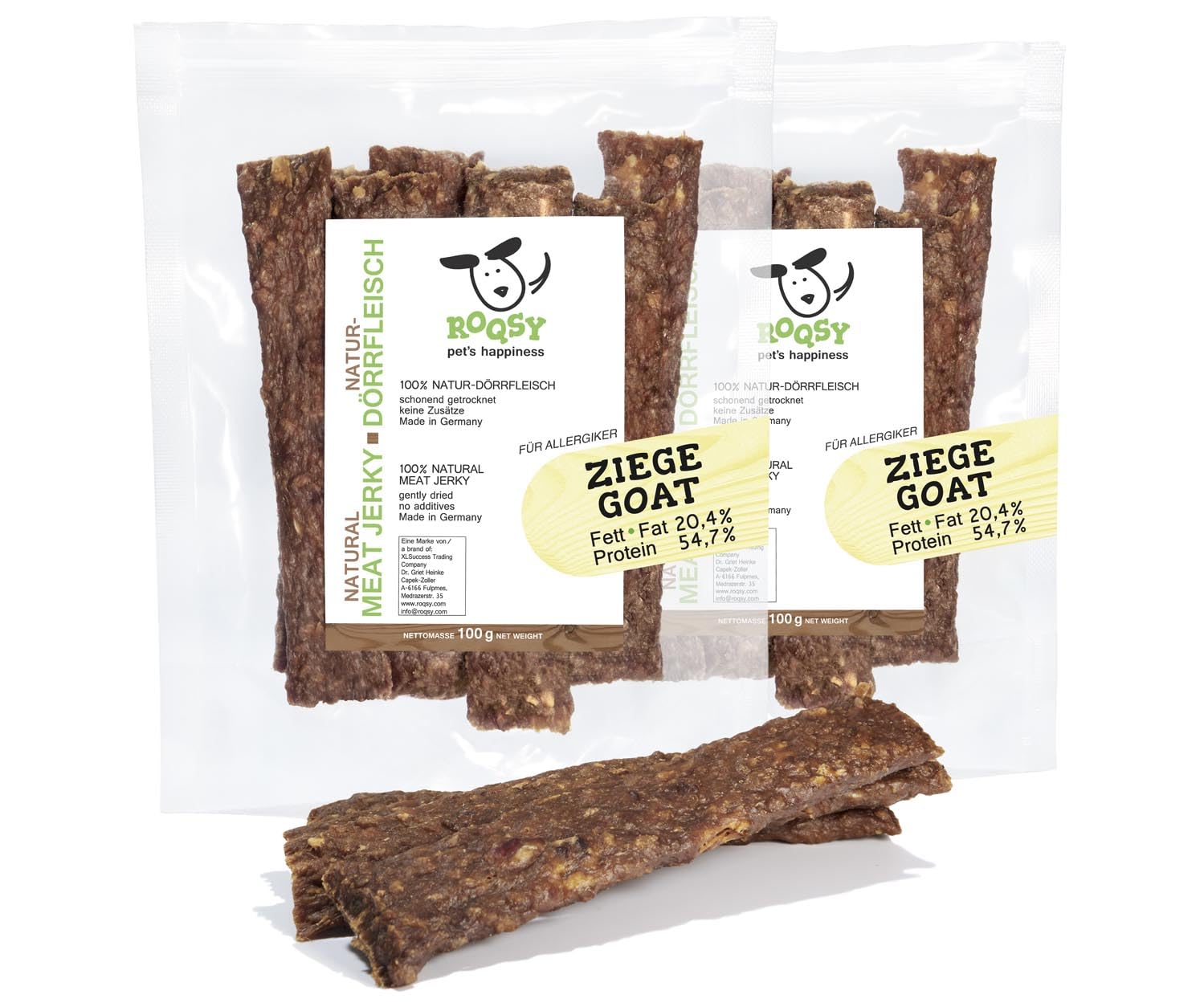 ROQSY Natur-Dörrfleisch 100% Ziege für Hunde – Single-Protein, Getreidefrei, ohne Zusätze, Schonend Getrocknet, Ideal für Allergiker und Sensible Mägen, Made in Germany – 200g