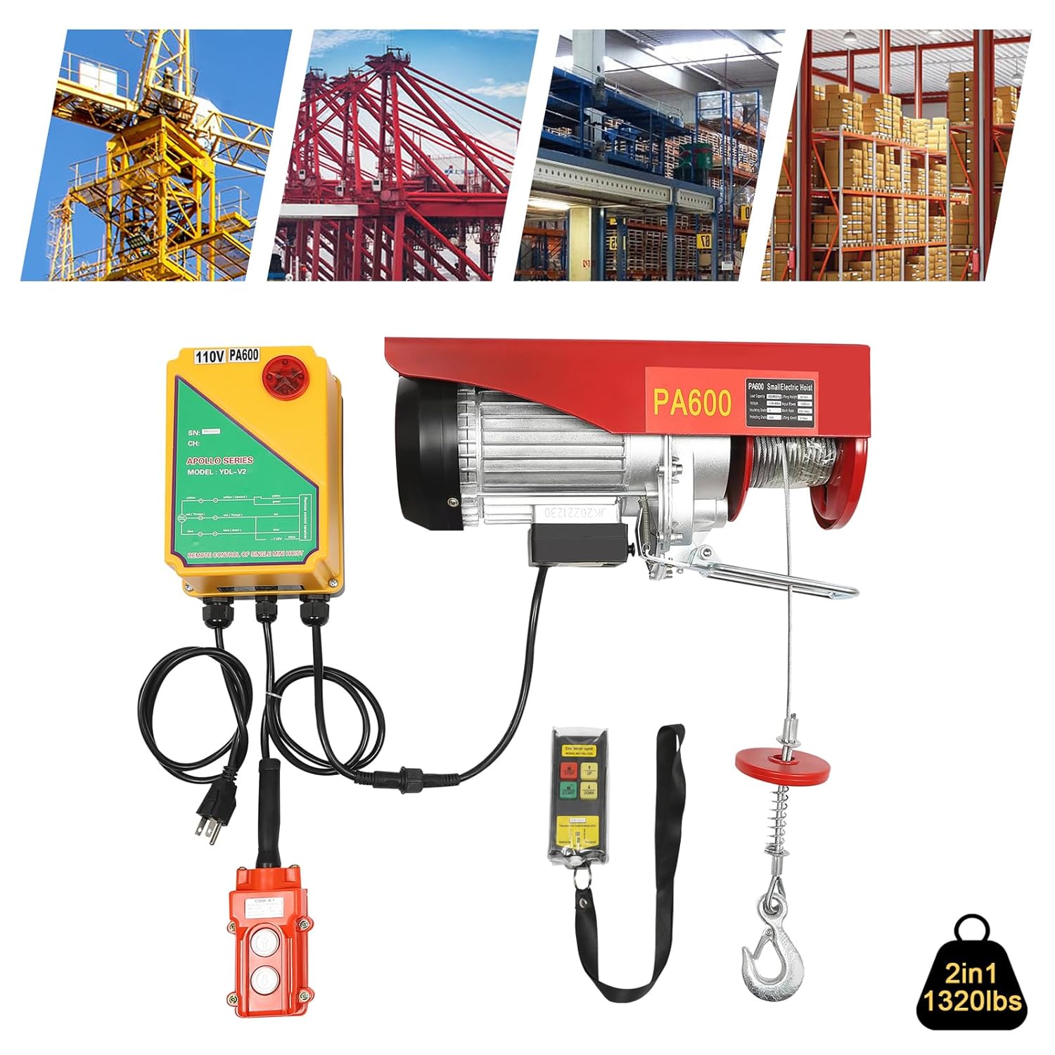 QQDETRR PA600 Electric Hoist in operation, lifting a load with both wired and wireless remote controls visible.