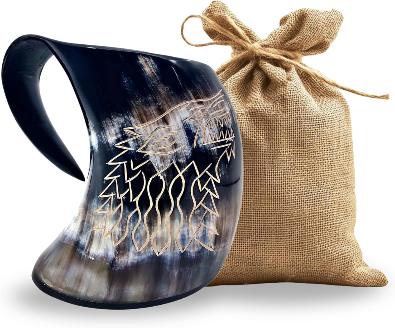 ZAHANAARA Horn Mug - Beer Mug | Viking Drinking Horn for Mead, Ale, Beer | Handmade Drinking Cups for Norse Myth Fans | Unique Gifts for Men & Women | wolf carved Viking Tankard, Made From Ox - 16oz