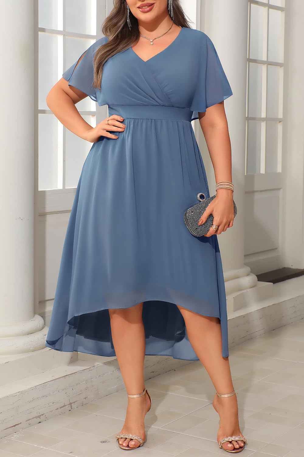 Pinup Fashion Plus Size Wedding Guest Dress Women - Formal Cocktail Evening Bridesmaid Chiffon High Low Midi Dresses - Image 3