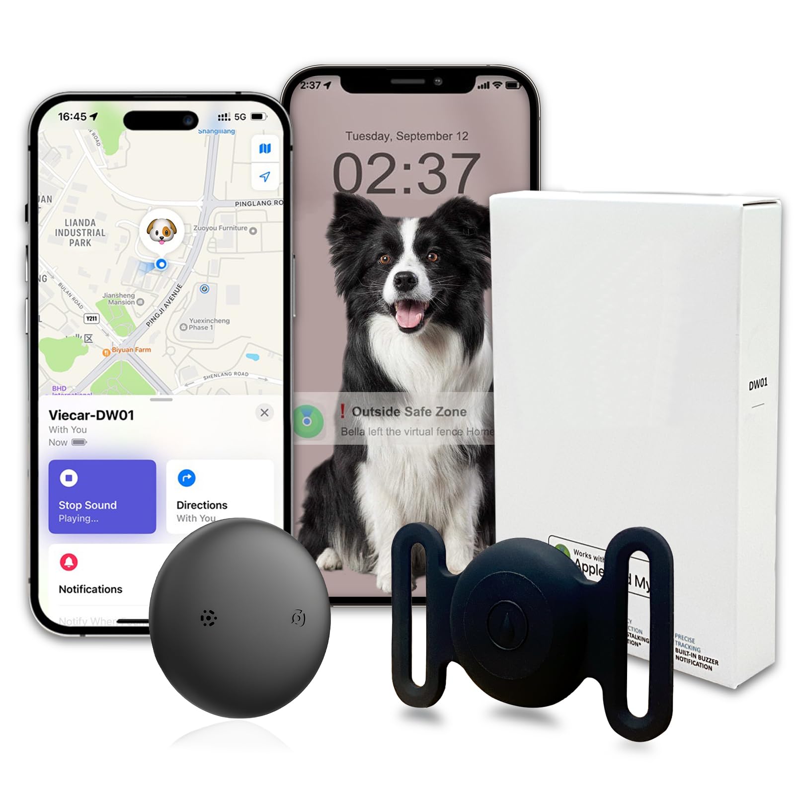 GPS Tracker for Dogs, Mini GPS Cat Tracker, IPX8 Waterproof GPS Trackers for Cats with Holder, No Monthly Fee, Work with Apple Find My(iOS Only), Smart Trackers for Dogs-Black-2