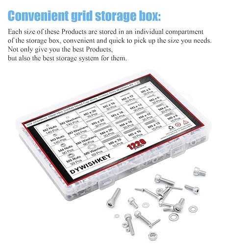 Miniatura 8 de DYWISHKEY 1220 piezas M2 M3 M4 M5 acero inoxidable 304 tornillos de cabeza hexagonal tuercas arandelas kit surtido con llaves hexagonales