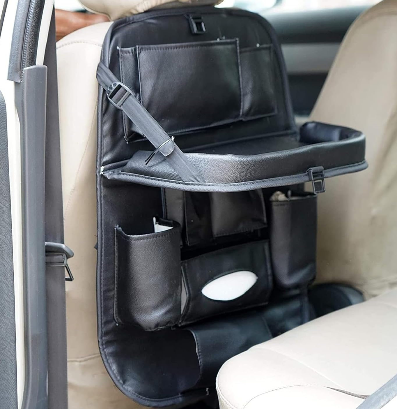 Premium Black PU Lether Car Backseat Organizer with Foldable Tray | Multi-Pocket Storage for Tablets, Phones, Bottles & Travel Essentials | Pack of 1-image-40