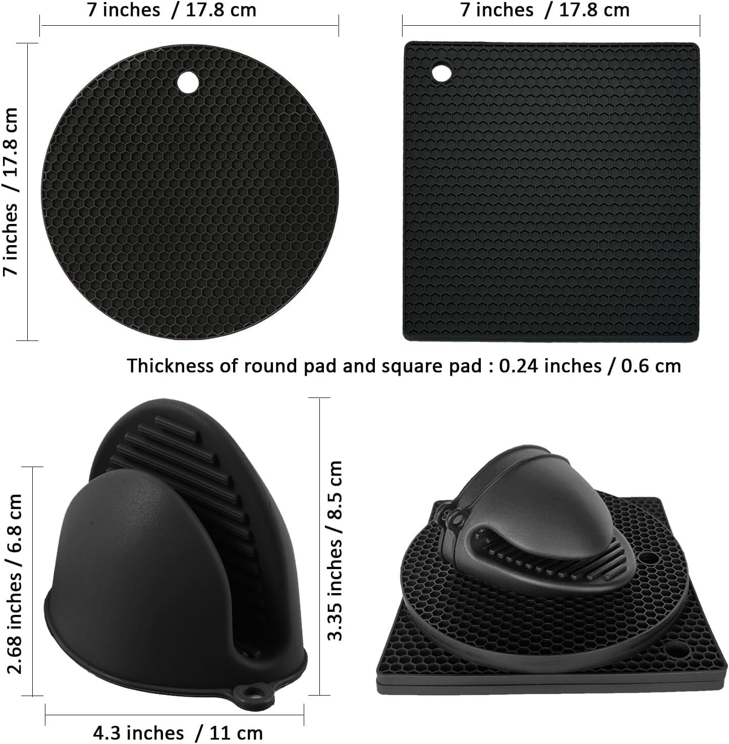 Silicone Trivet Pot Mat and Oven Mitts Sets | Heat Resistant Pot Holder and Mini Non-Slip & Flexible Oven Gloves for Kitchen Baking Cooking, Black - Image 2