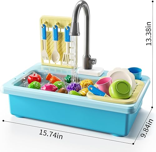 Miniatura 6 de Fregadero de juegos con agua corriente, fregadero de juguetes de cocina para niños de 3, 4, 5, 6, 7 años, lavavajillas eléctrico, accesorios de