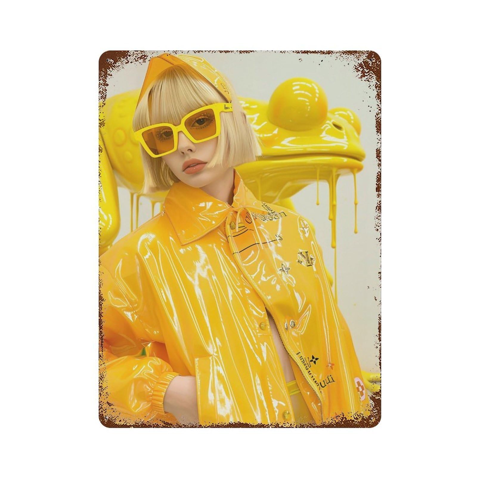 YHGERTKU Golden Frog & Yellow Girl Surreal 01 Wall Art Retro Iron Vintage Metal Tin Sign Poster Modern Decor for Living Rooms Gift 40x30cm