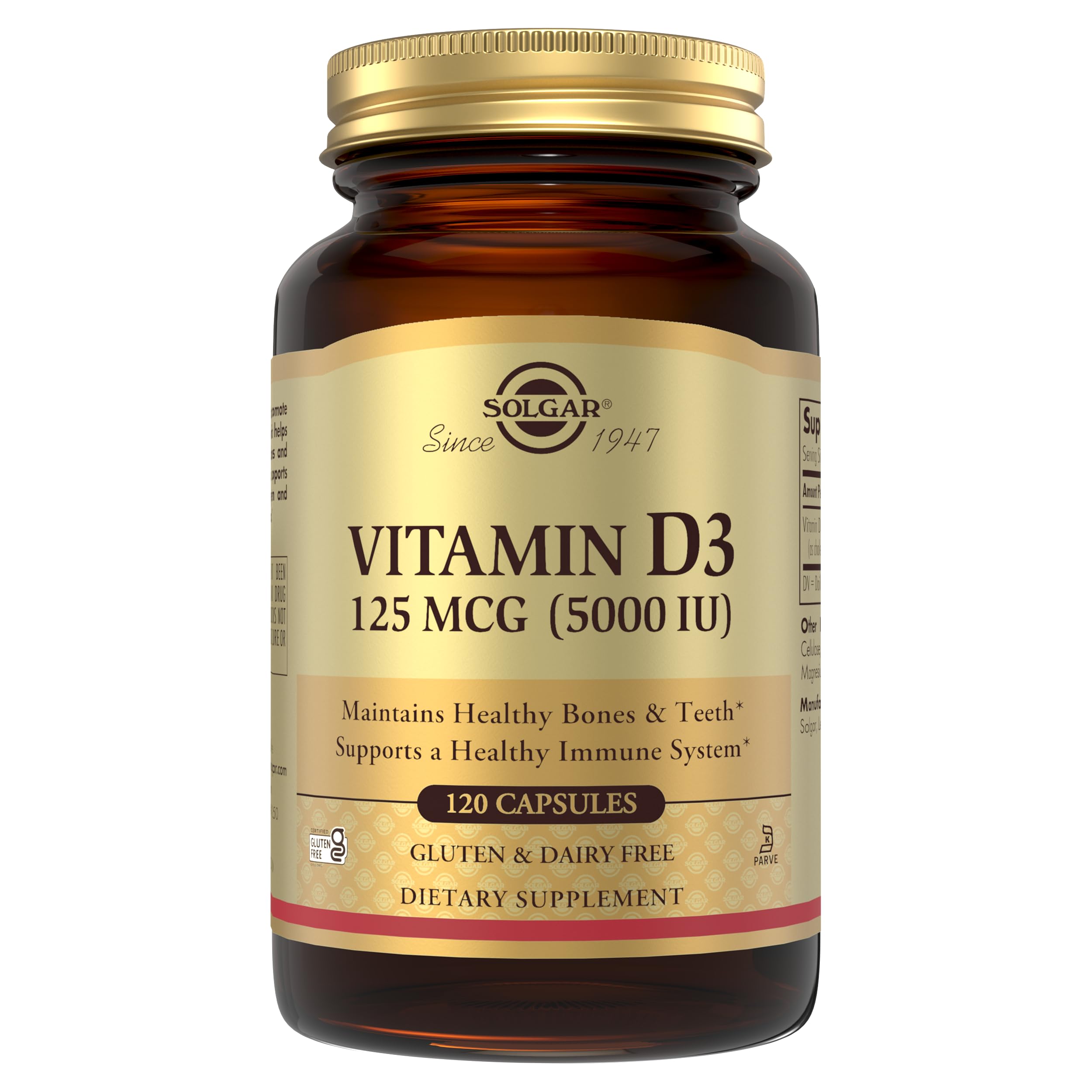 Solgar Vitamin D3 (Cholecalciferol) 125 Mcg (5000 IU), 120 Vegetable Capsules - Helps Maintain Healthy Bones & Teeth - Immune System Support - Non-GMO, Gluten Free, Dairy Free, Kosher - 120 Servings