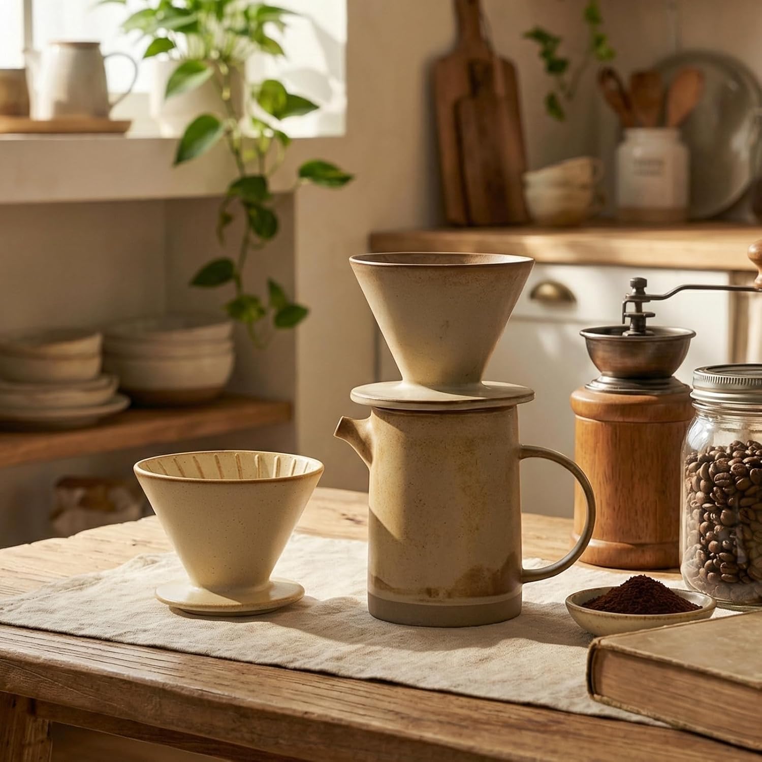 Vintage Ceramic Pour Over Coffee Maker Set, Includes 15.8oz Porcelain Coffee Maker and Dripper with 20 Paper Filters, 1-Hole Reusable Slow Brewing Coffee Accessories for Home, Office, Travel, Camping