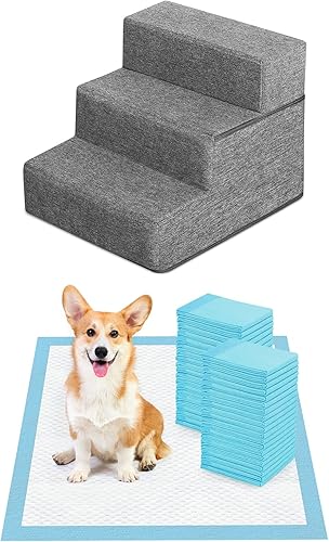 Sted Almohadillas para cachorros, almohadillas para orina de perro de 23.5 x 23.5 pulgadas y escaleras para perros, 3 escalones, paquete de 2