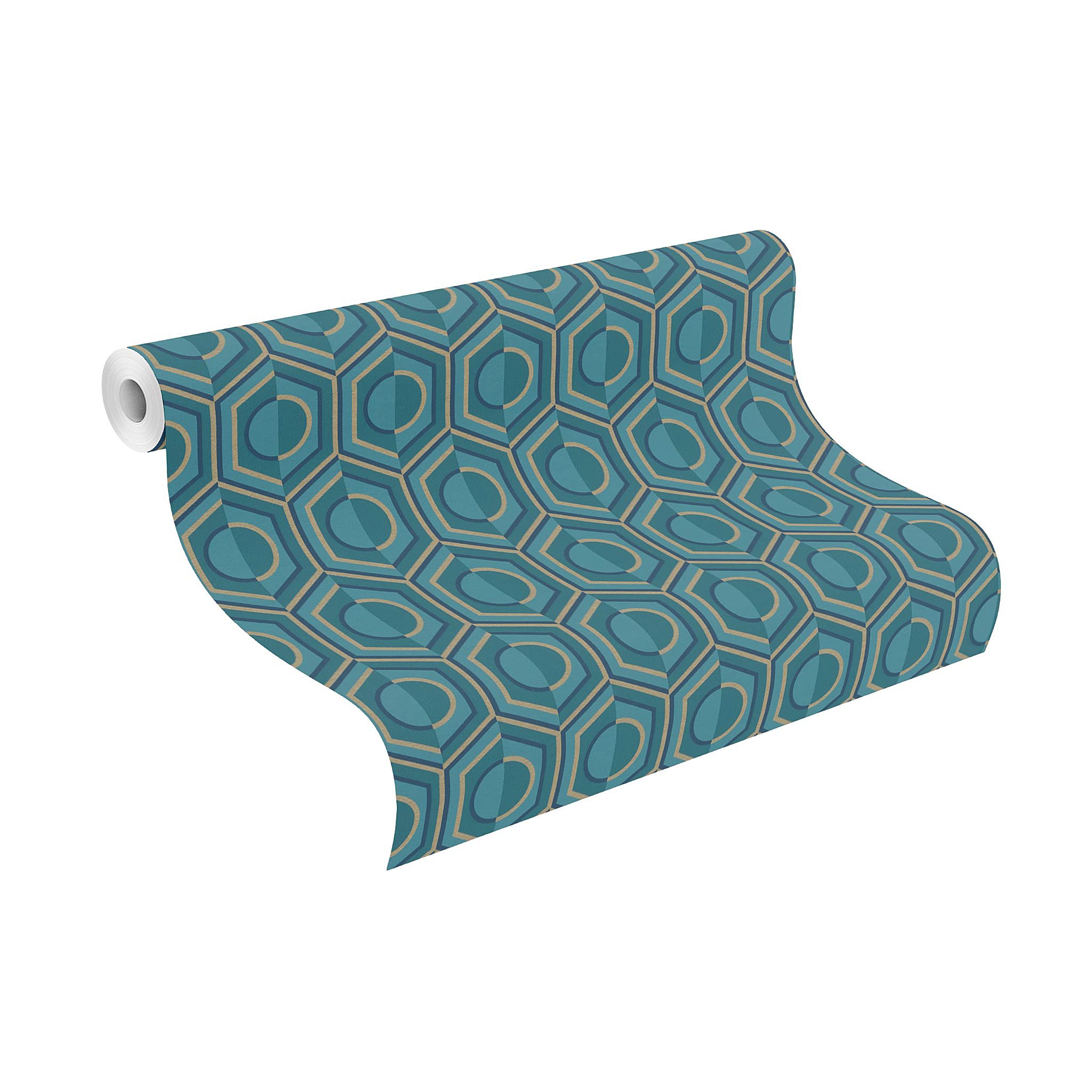Rasch Papel pintado 710144 – Papel pintado con diseño geométrico retro en aspecto azul petróleo y dorado de la colección Sophia – 10,05 m x 0,53 m (largo x ancho)