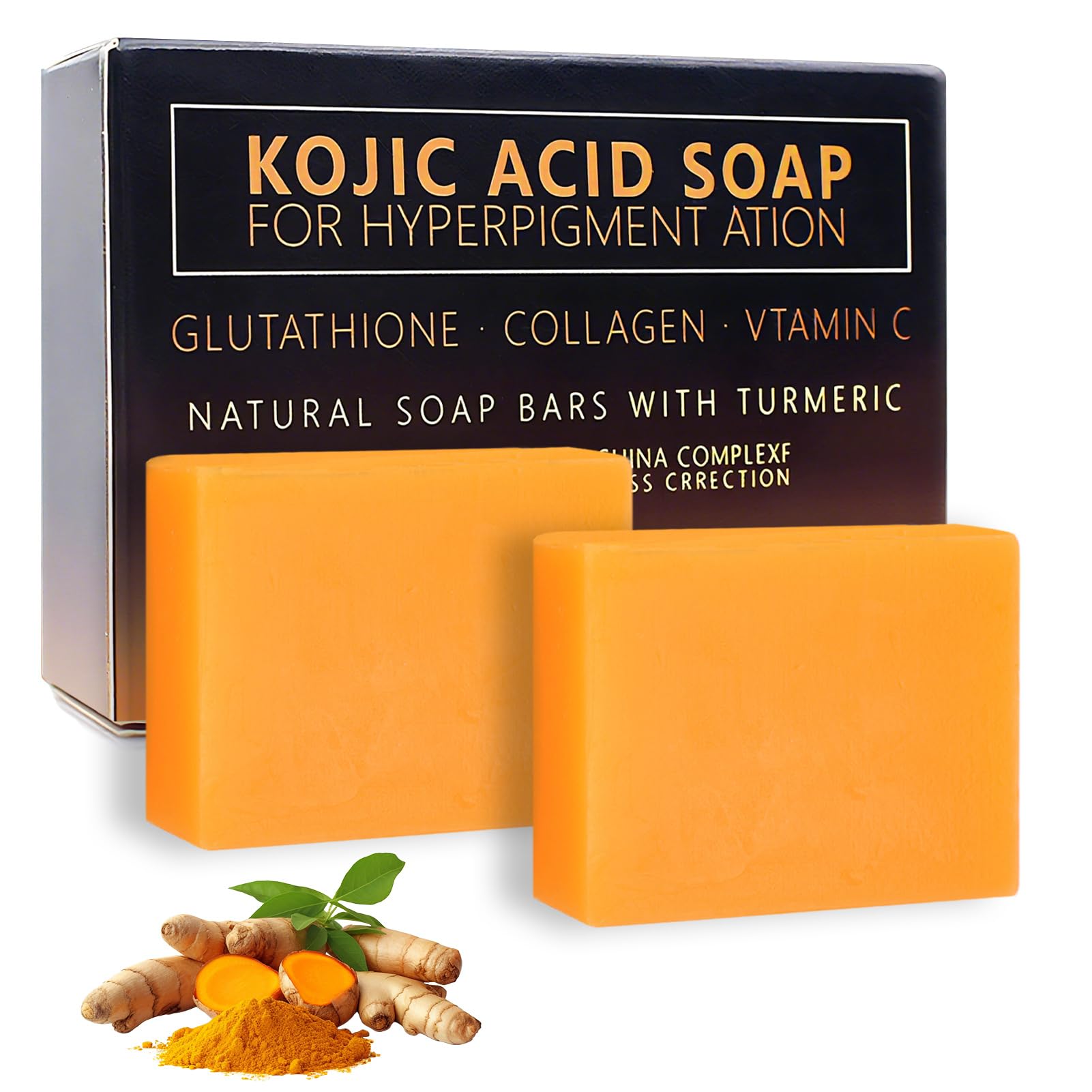 2 pcs Savon à L'acide Kojique au Curcuma,Skin Lightening Soap,VC Savonnette,Doux pour l'Hydratation du Visage et Corps,pour Bain Éclaircissant,Rétrécissement des Pores(2 * 100g)