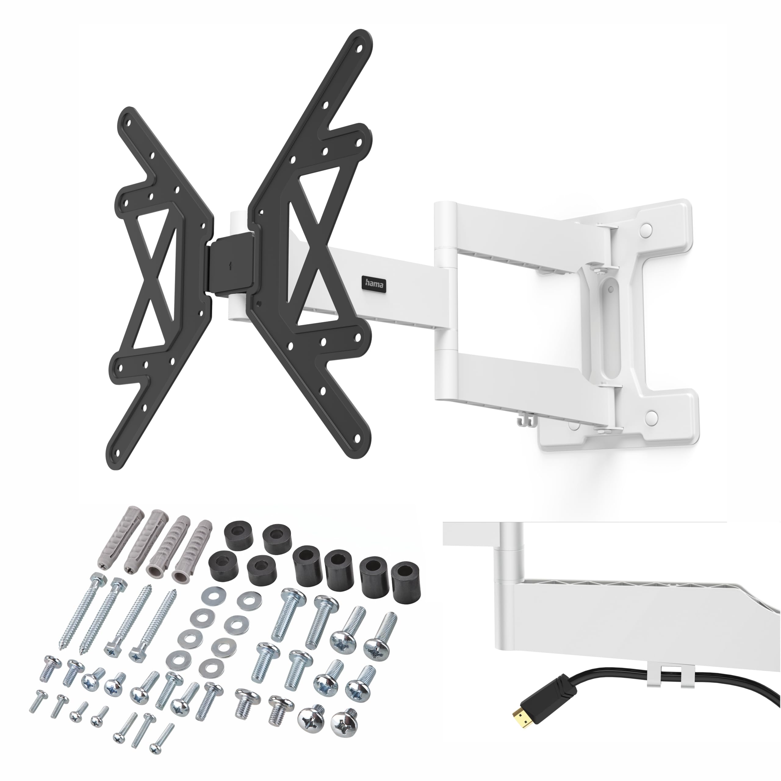 Hama TV Wandhalterung schwenkbar, neigbar, Langer Arm (TV Wandhalterung 32-65 Zoll, VESA 100x100 bis VESA 400x400, bis 50kg, ausziehbare Halterung, mit Fischer-Dübeln) schwarz-weiß