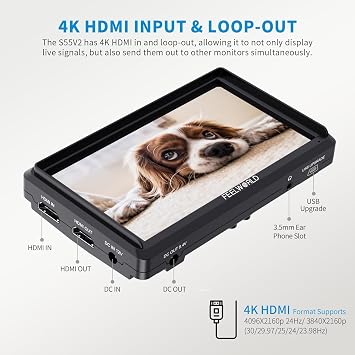 FEELWORLD S55 V3 6 500nit 19201080 IPS Screen Field DSLR Camera Monitor | with F550 Battery and Bag, 4K HDMI In Out, 3D LUT, Waveform Focus Assist, for Beginner Videographer Filmmaker Video Shooting