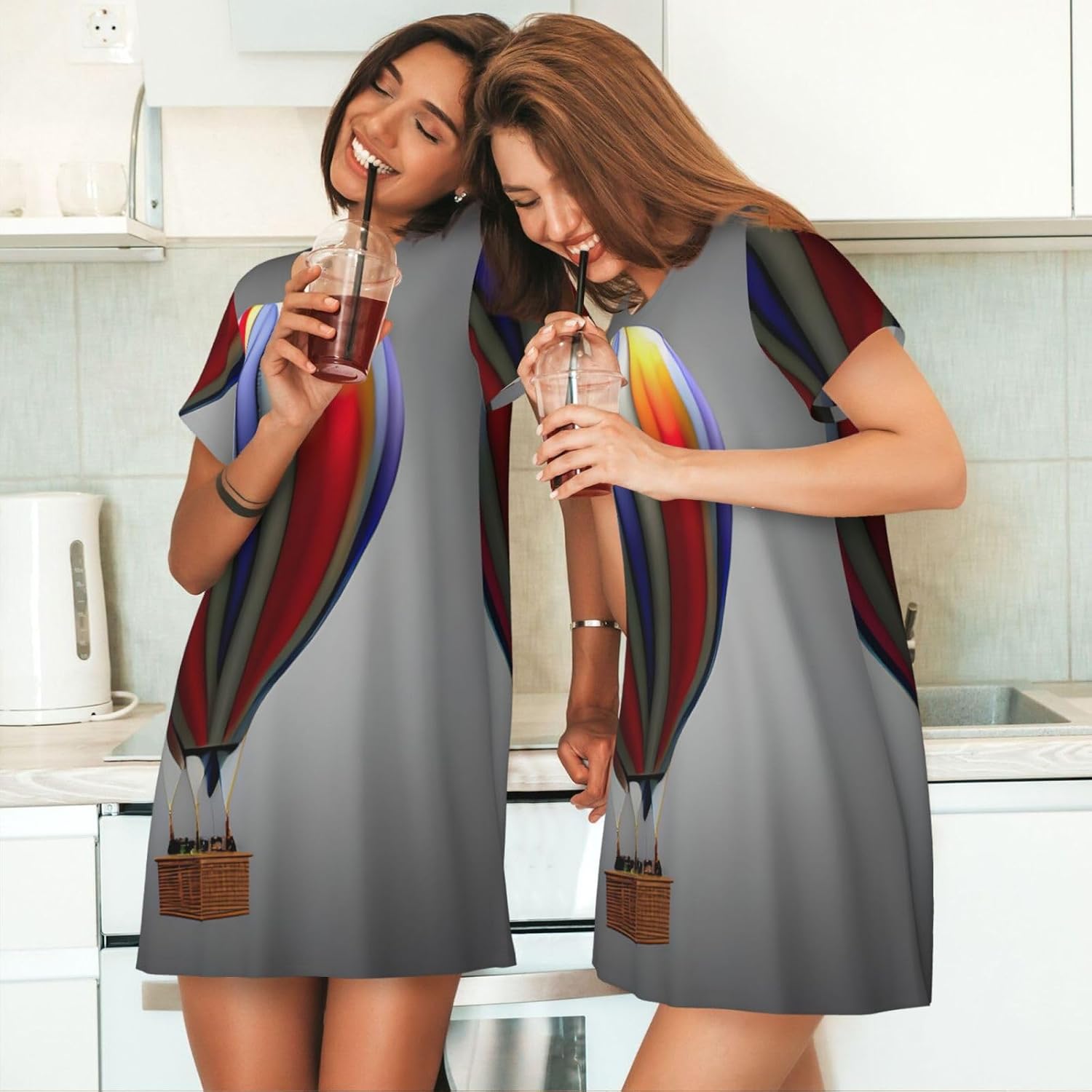 Casual Hot Air Balloon Print Print Pajama Dress For Ladies,Women Short Sleeve Nightgown,Soft Comfortable Sleepwear