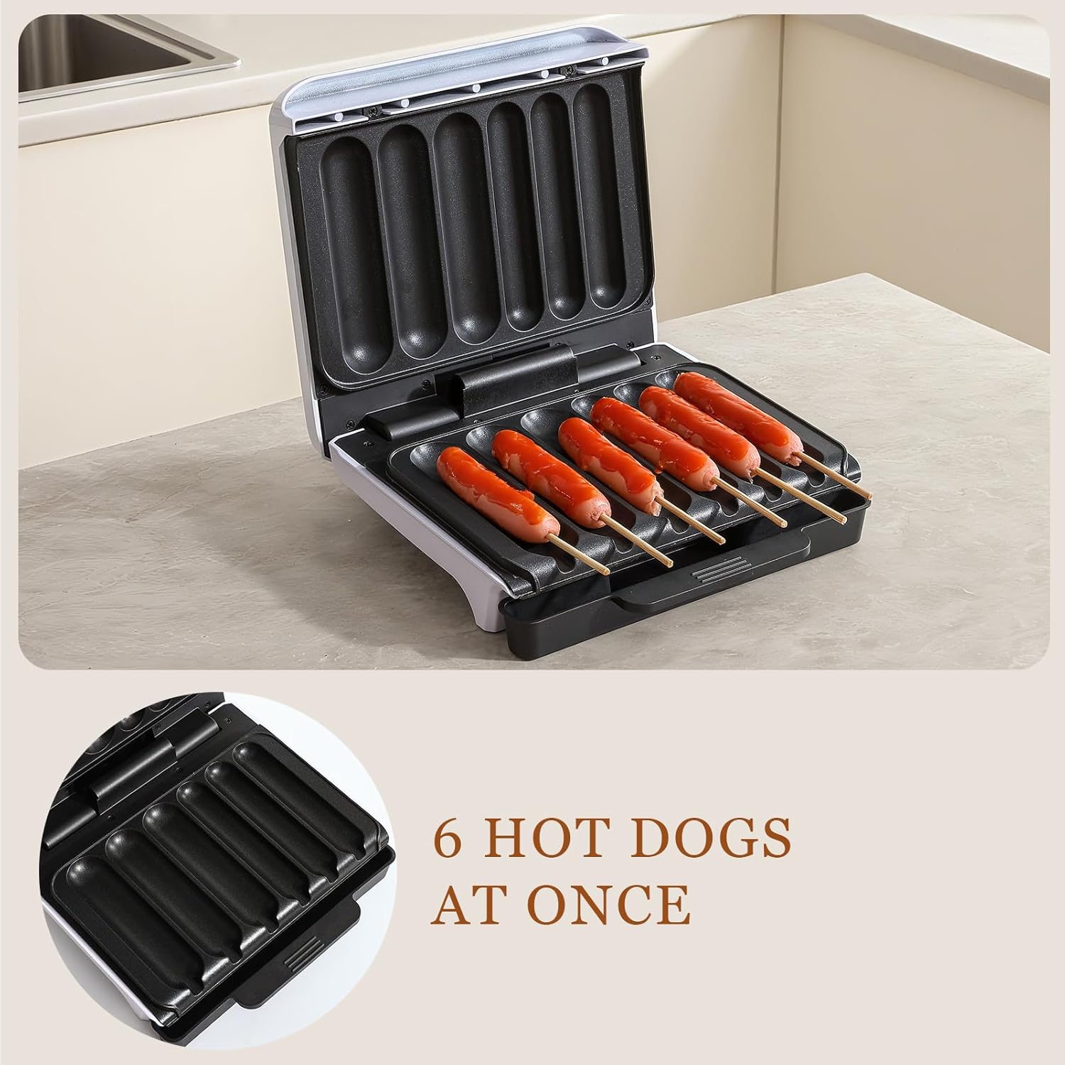 UVFAST Hot Dog Cooker, Hot Dog Machine with Non-stick Coating Plate, Hot Dog Maker Toaster Grills 5.5-Inch Sausage, Hot Dog Grill with Oil Drip Tray, Grill Up to 6 Hot Dogs, White