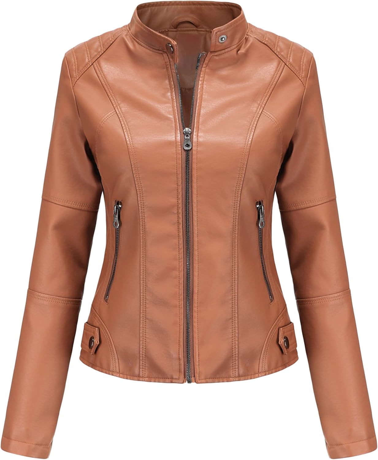 YMING Women Faux Leather Biker Jacket Motorcycle Zipper Outwear Bomber Faux PU Coat with Pockets