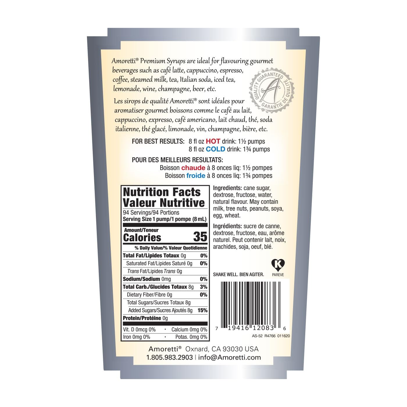 Amoretti - Premium Guava Syrup, 94 Servings Per Bottle (750 ml), with Pump for Flavoring Coffees, Cocktails, and other Beverages, Gluten Free, GMO/GEO Free, Preservative Free