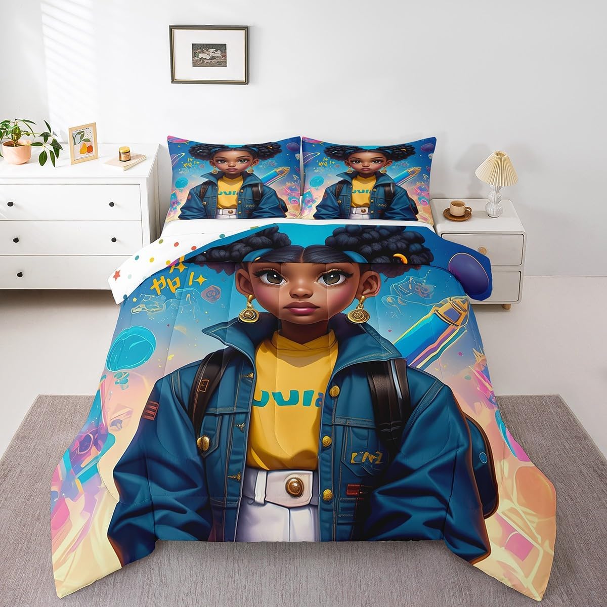 Castle Fairy African American Style Girl Comforter Set Toddler Size Modern Cartoon Lady Bedding Set Kids Girls Trippy Neon Planet All Season Quilt Set Cute Girly Bedding Comforter Sets,2Pcs