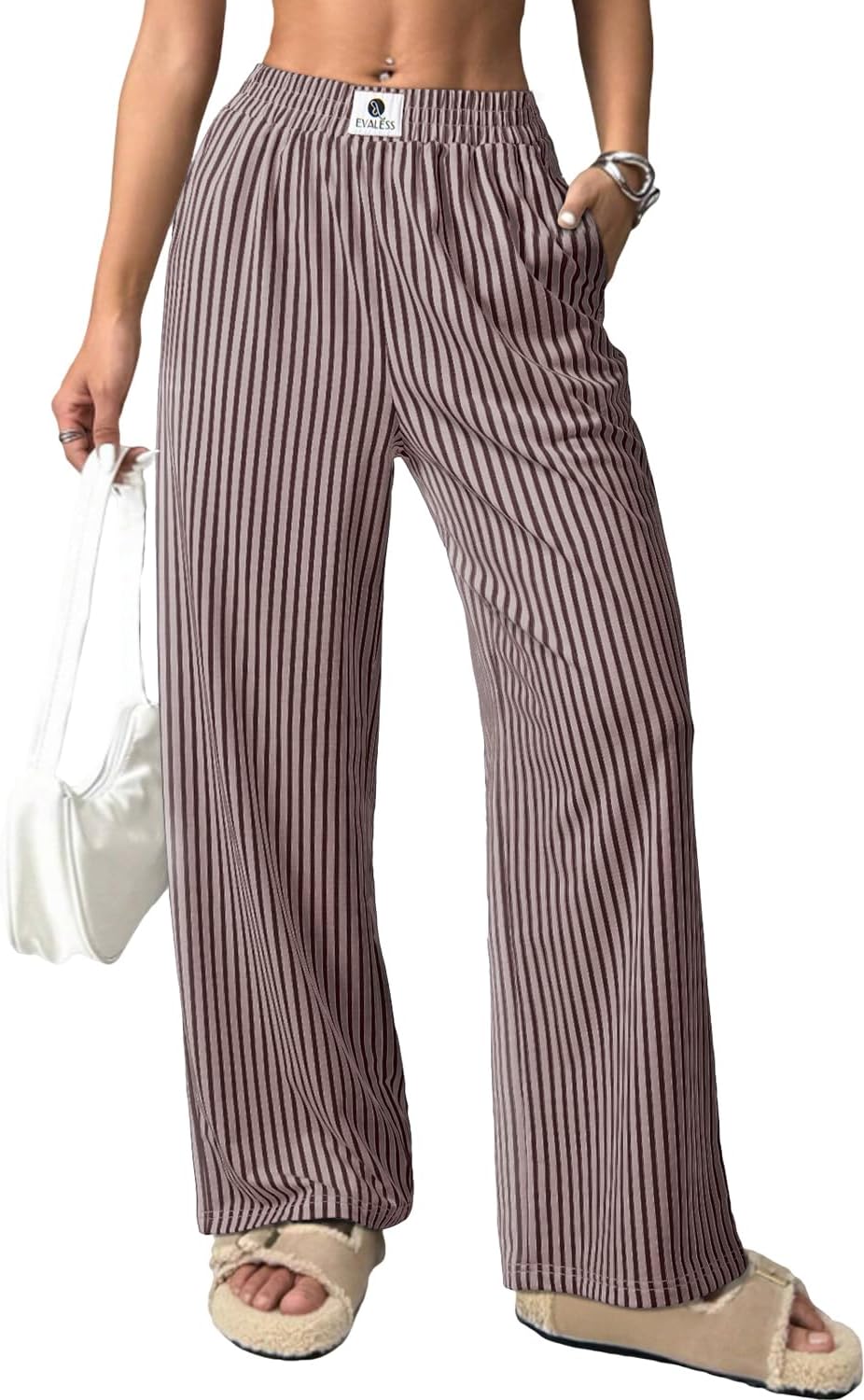 EVALESS Wide Leg Pants Women Striped Lounge Pants Khaki Stripe X-Large