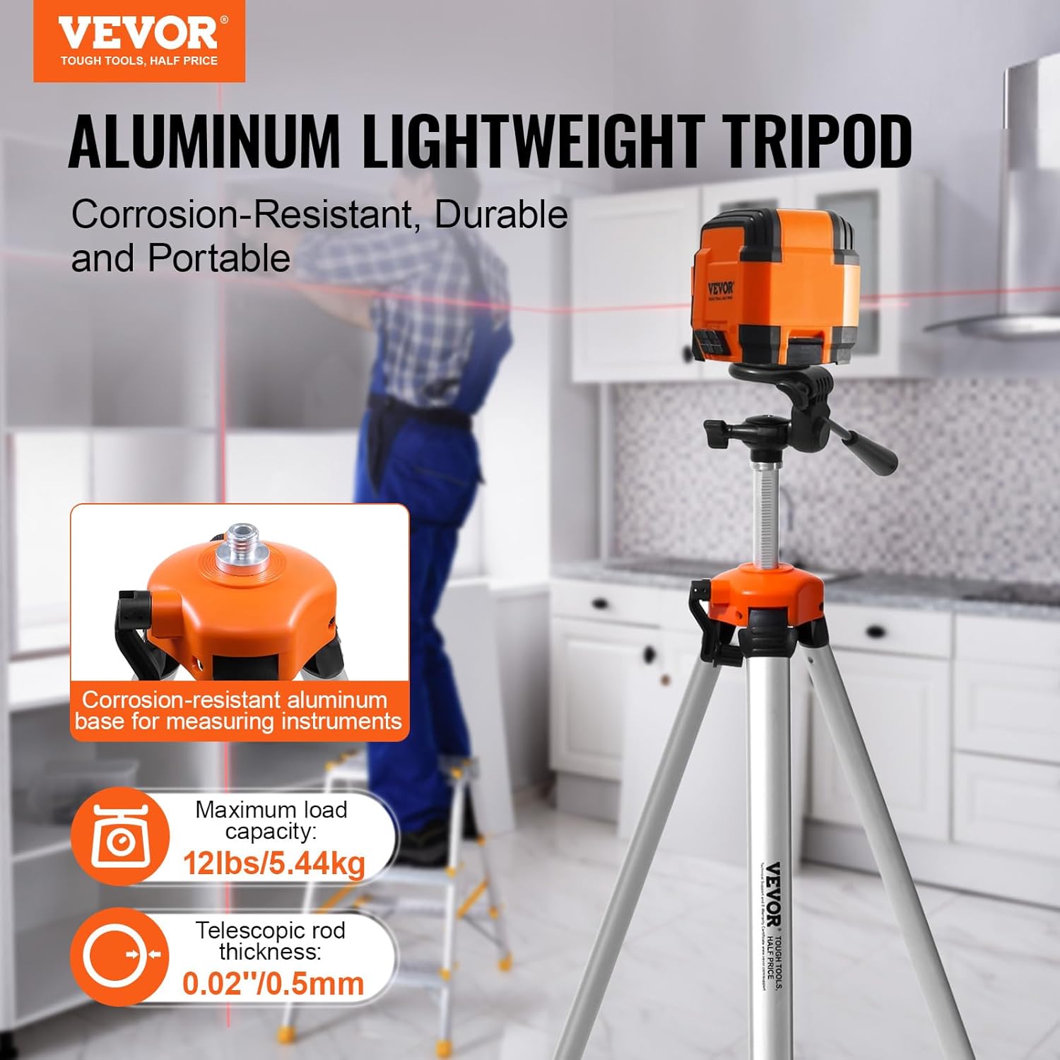 vevor laser level tripod, ¼ x 20 thread mount, 27.36-68.11 inch height adjustment with integrated level bubble lightweight laser scanner stand, retractable legs aluminum tripod for stable measurement retractable legs-lightweight 27.36-68.11 inch