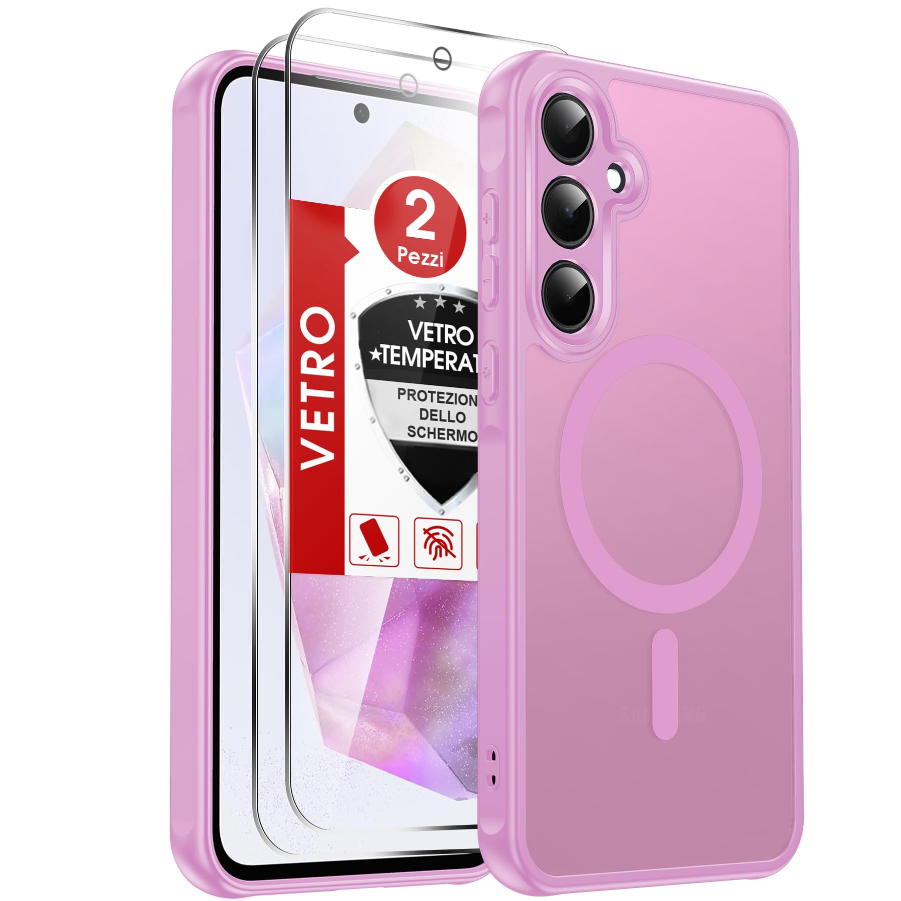 LeYi Cover Magnetica per Samsung A35 5G con 2 Pezzi Vetro Temperato, Custodia per Galaxy A 35 Traslucida Opaca Anti-Impronte Resistente ai Graffi Paraurti in TPU Antiurto Protettiva Case, Rosa