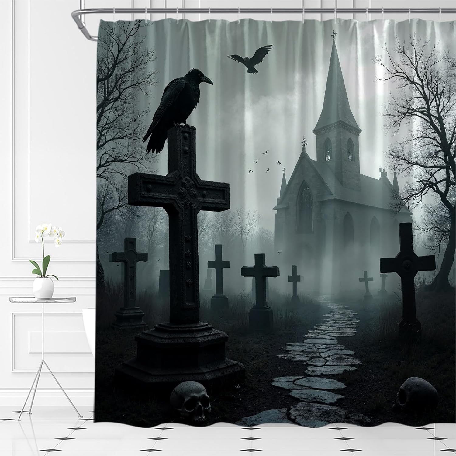 Halloween Shower Curtain Black Crow Gothic Castle Horror Spooky Cemetery Scary Skull Dead Tree Forest Bat Bathroom Curtain Fabric with Hooks(70" Wx84 H)