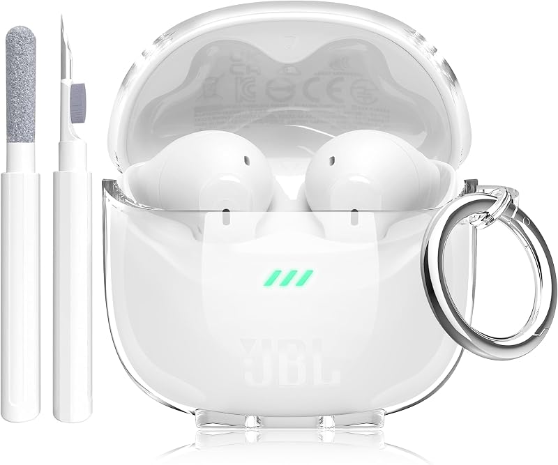 Aircawin for JBL Tune Flex 2 Earbuds Case Clear,Full Protective Soft Transparent TPU Skin for JBL Tune Flex 2 Case Cover,Shockproof Headphone Accessories with Carabiner and Cleaning Pen-Clear