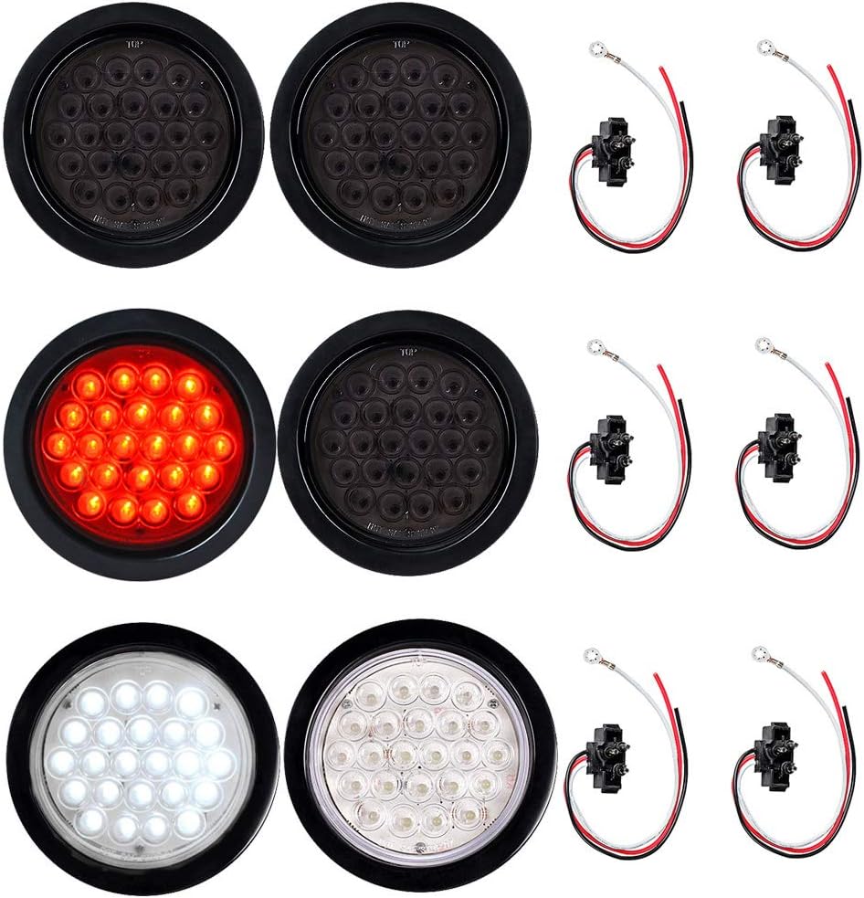 Astra Depot Set 4" Round 24-LED Tail Light 4PCS Red Stop Brake Running Smoke Lens + 2PCS White Back-up Reverse Lamp w/Grommet Plug Trailer Truck RV