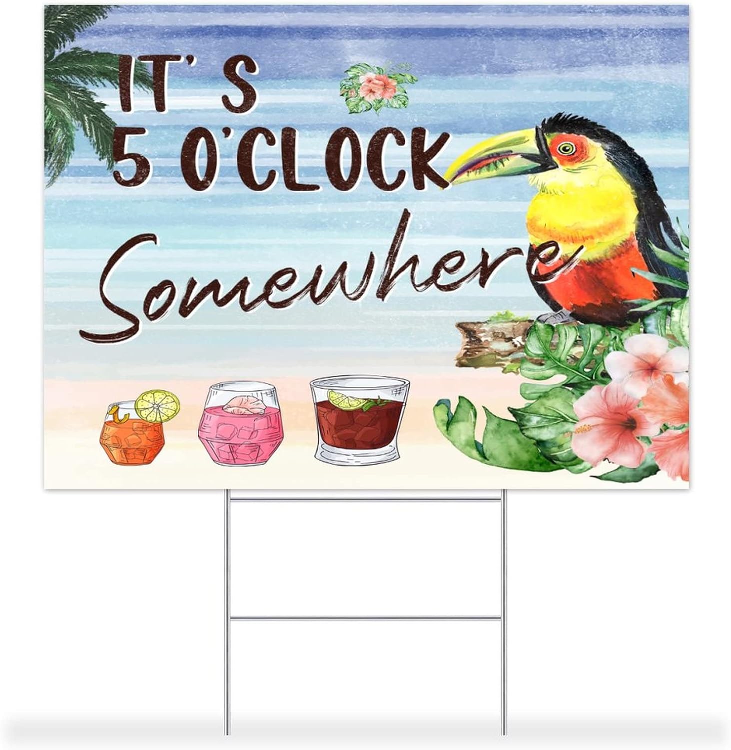 Tiki Decor Plastic Yard Lawn Sign Free H Wire Stakes 18x24 Inch It's 5 O'Clock Somewhere Parrot Floral Drinks Yard Signs Fade Resistant Ink 2-Sided Yard Signs Custom Lawn Decorations