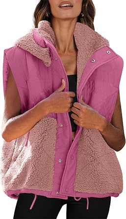 Nirovien Womens Sherpa Vest Oversized Fleece Vest Color Block Quilted Vest Button Down Padded Outwear with Pockets