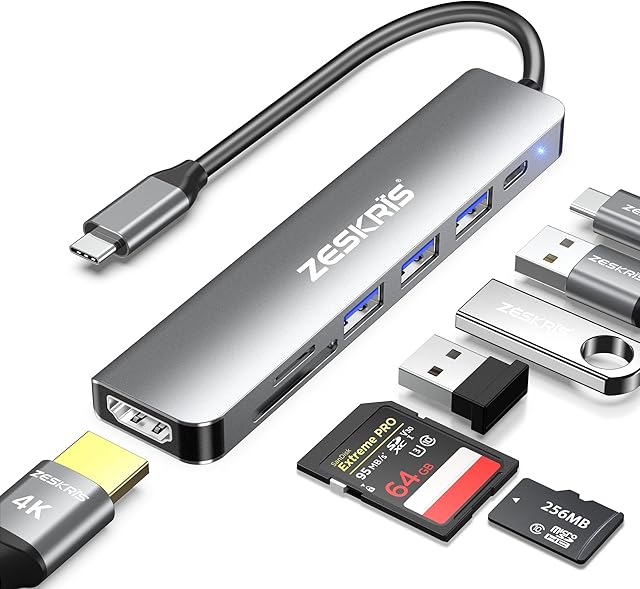 ZESKRIS Hub USB C, adapter 7 w 1 USB C na HDMI z 4K HDMI, 100 W PD, 1 x USB 3.0, 2 x USB 2.0 i czytnik kart SD/TF, rozdzielacz wieloportowy kompatybilny z Macbook Air/Pro M1/M2, Surface Go i więcej