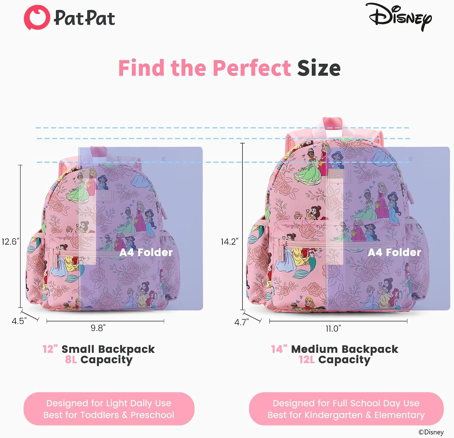 Disney Princess Backpack, 12" Preschool Lightweight Backpack for Girls | Ultra-Lightweight,Ergonomic Shoulder Straps,Breathable 3D Mesh Back,Adjustable Chest Strap,Water-Resistant Fabric