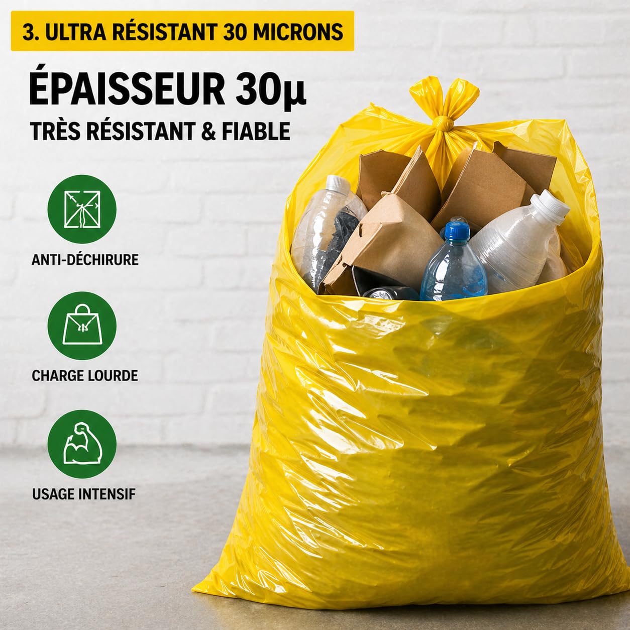 Bolsa de basura amarilla 100 l | 50 bolsas de basura de 100 litros (2 rollos de 25 bolsas amarillas) | Muy resistente (30 µ) e impermeable | Residuos no alimentarios | Cierre de enlace para atar |