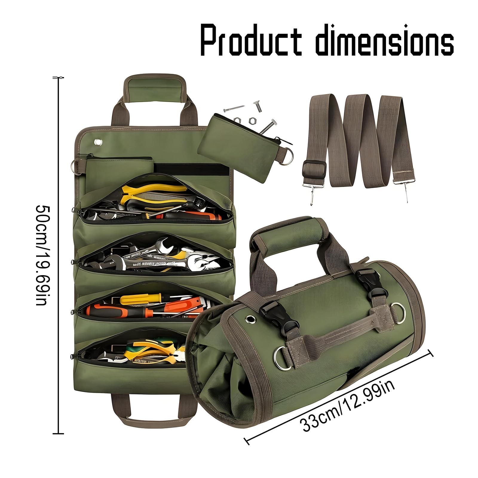 CHENKEE Tool Roll,Canvas Tool Pouch with 2 Removable Pockets,Multi-Purpose Tool Roll bag with Strap,Durable Tools Bag,Ideal for Electricians and Plumbers - Image 2