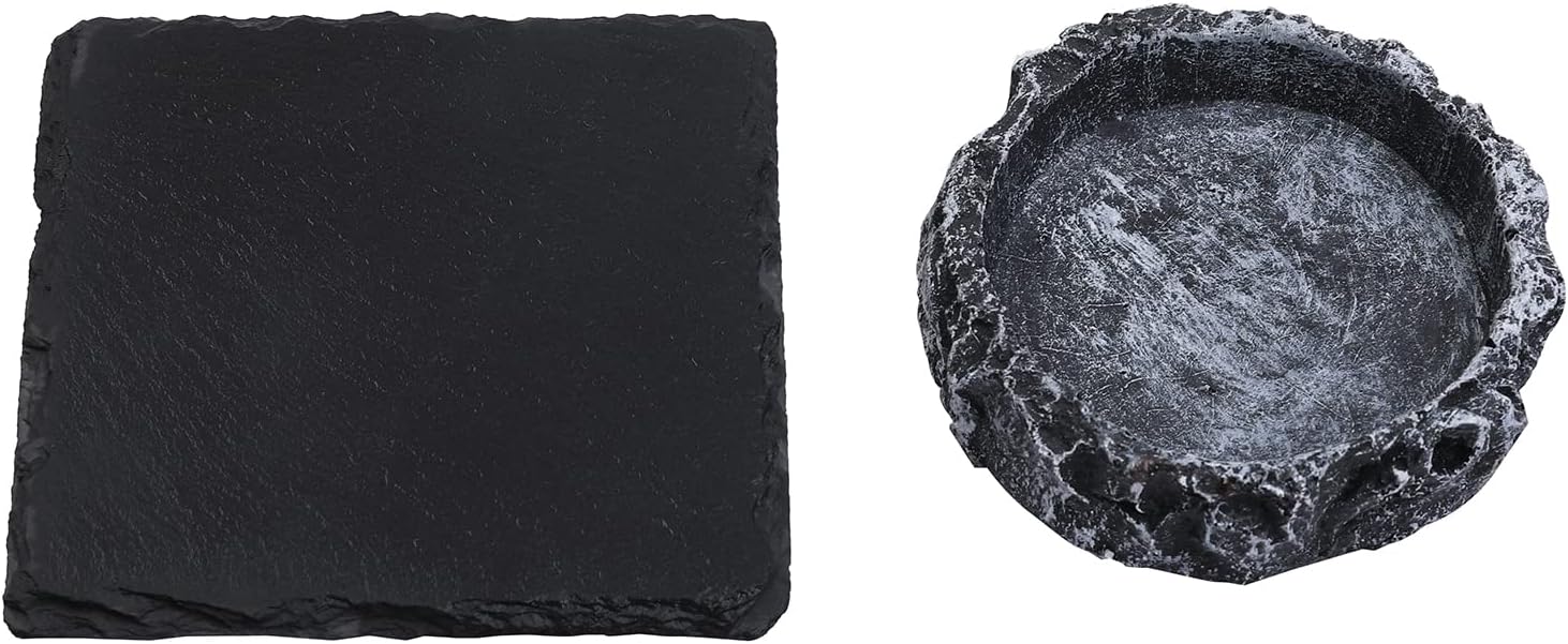 Set of 2 Slate Reptile Basking Rock Platform, Reptile Feeding Water Dish Food Bowl