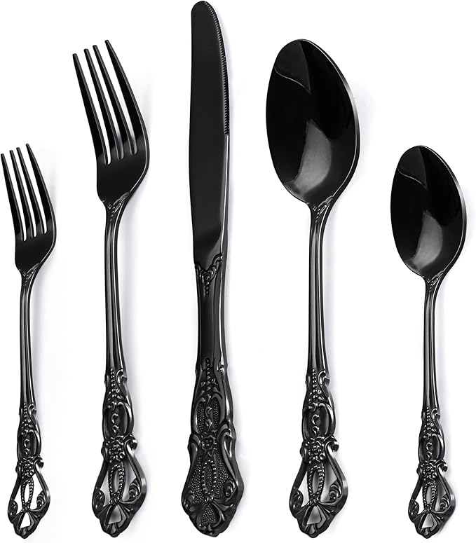 ASKSCICI Black Flatware Sets of Steel Knives and Forks, Tableware Antique Black