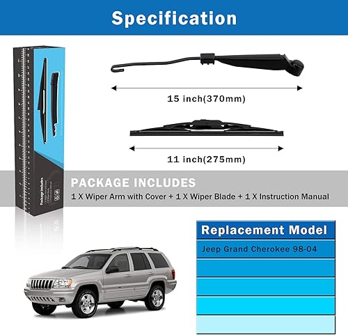 Miniatura 5 de WTI Juego de limpiaparabrisas trasero compatible con Jeep Grand Cherokee 1998-2004 SUV Kit de limpiaparabrisas trasero, accesorios de repuesto para
