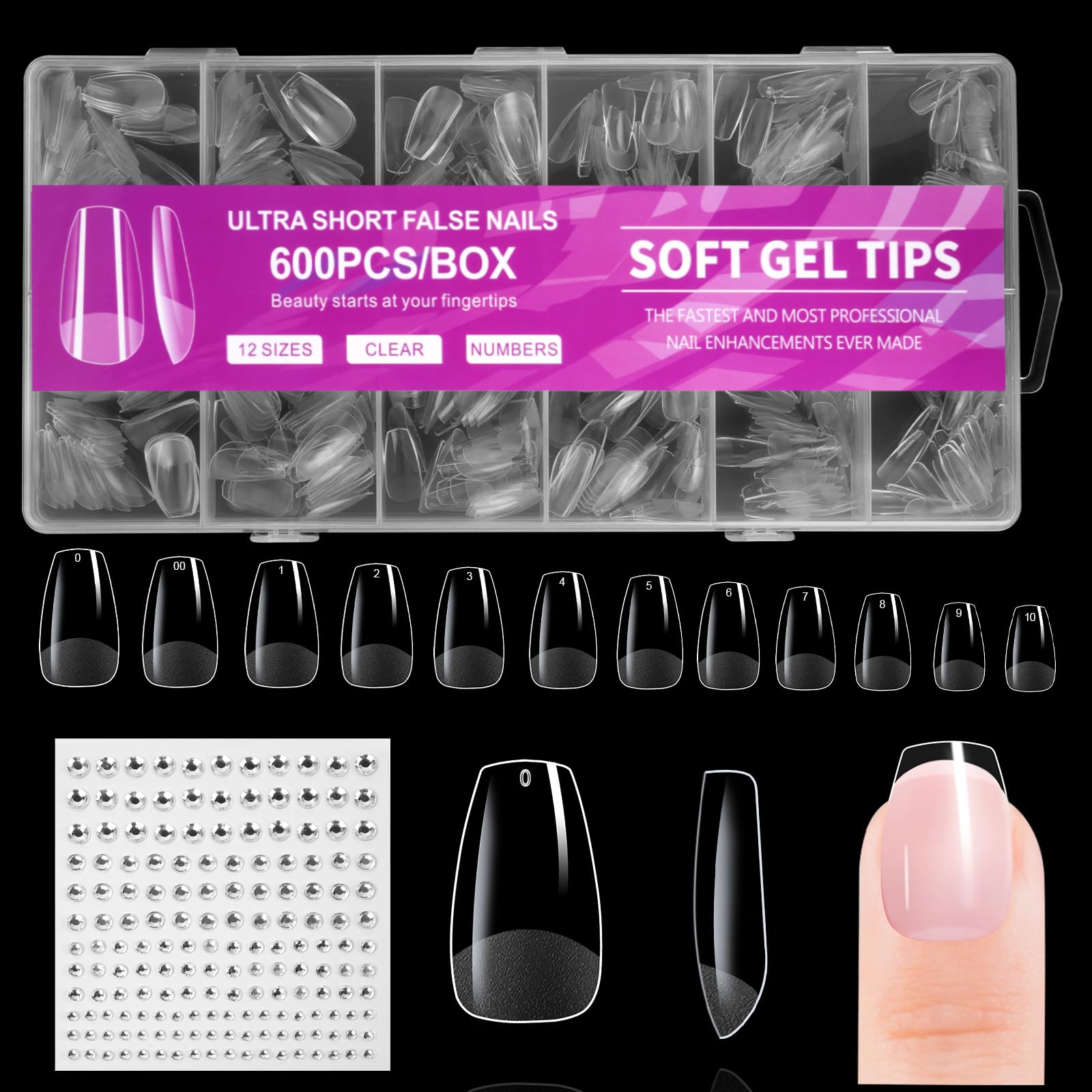 BUTBU Medium Coffin Nail Tips, 600PCS Soft Gel Full Cover Nails-Tips, Clear Acrylic False Press on Nail Tip, 12 Sizes NAIL Extensions Kit for DIY Manicure Art Salon
