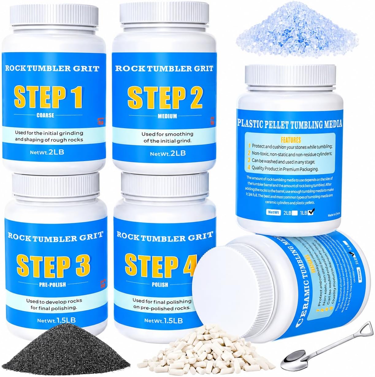 Rock Tumbler Grit and Tumbling Media Kit 10 Pounds, 4-Step Polish Refill with Ceramic & Plastic Pellets, Polish Up to 70 lbs of Rocks, Compatible with National Geographic, KoolStone & All Rock Tumbler