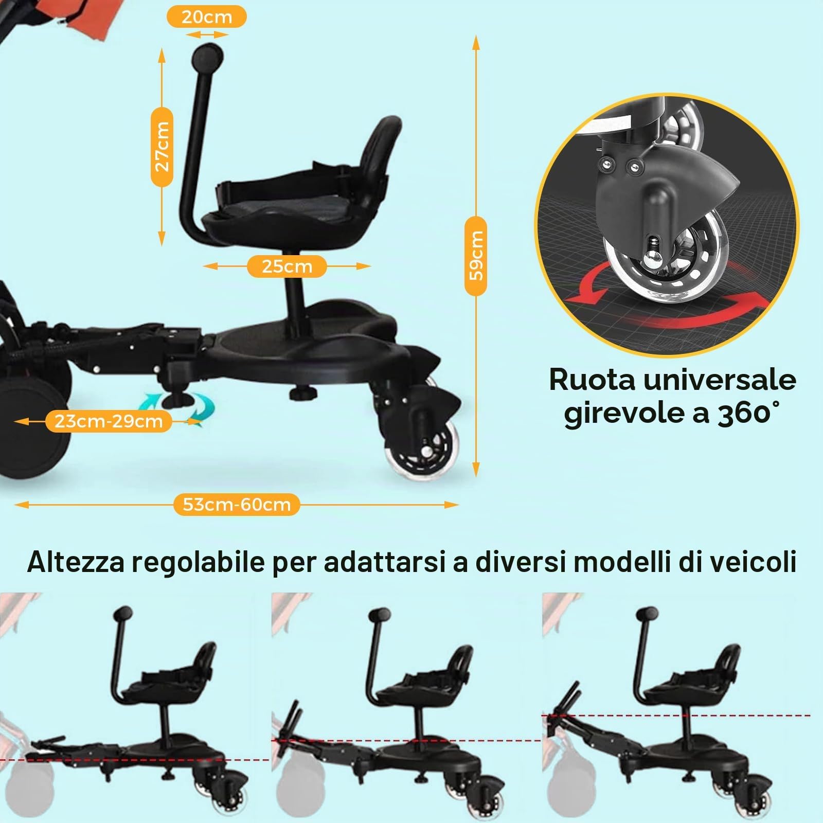 Pedana Passeggino Universale con Sedile, Tavolette Portatili per Passeggini incluso compatibile con quasi tutti i modelli, Tavola Passeggino con ganci per passeggini per Bambini da 2 a 6 Nnni