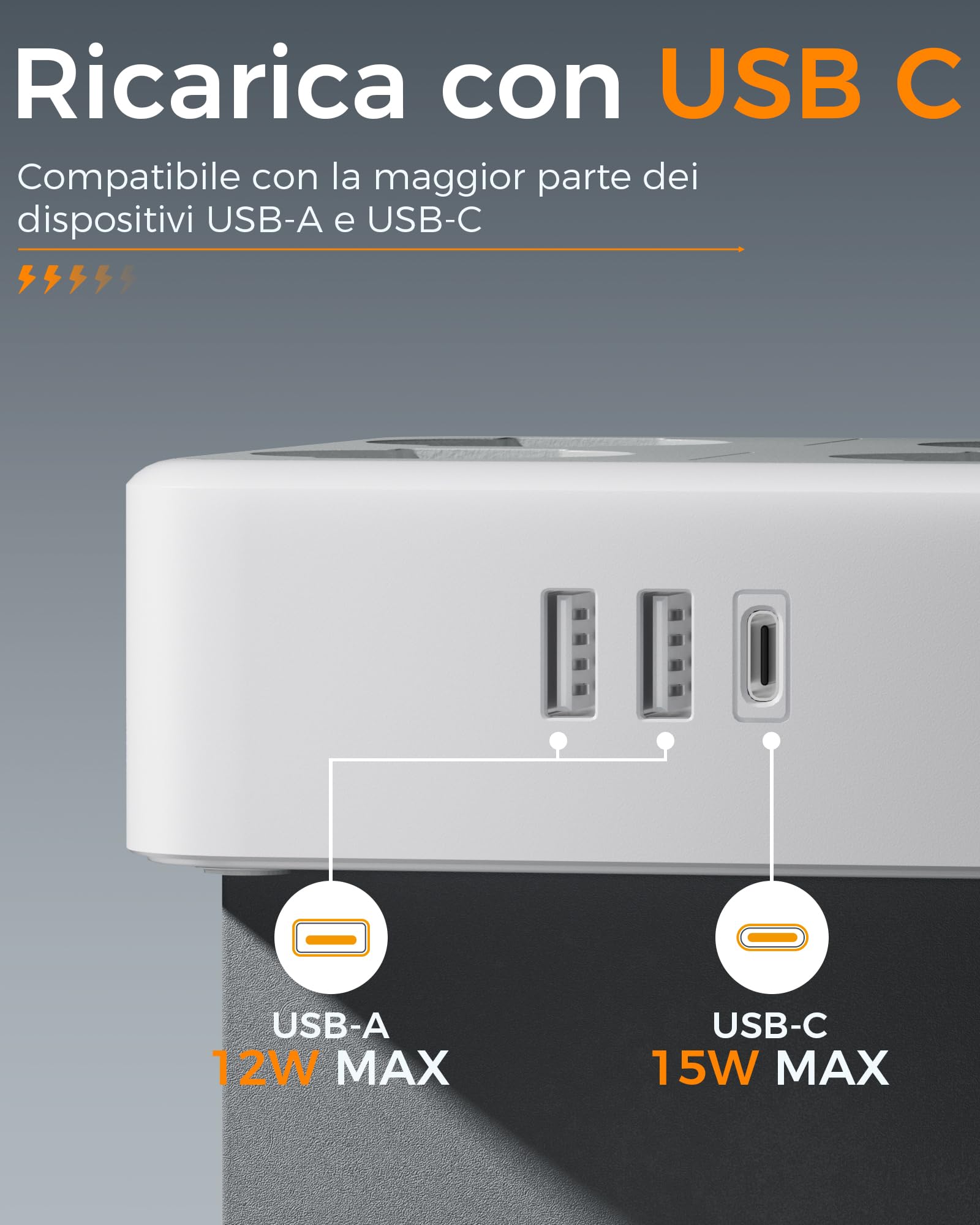 TESSAN Ciabatta Multipresa con USB C, Multipresa Elettrica con Prolunga Elettrica 2 Metri, Multipresa con 4 Schuko e 4 Bivalenti 10A/16A, Presa Multipla con Interruttore, 1 USB C e 2 USB A, 3680W