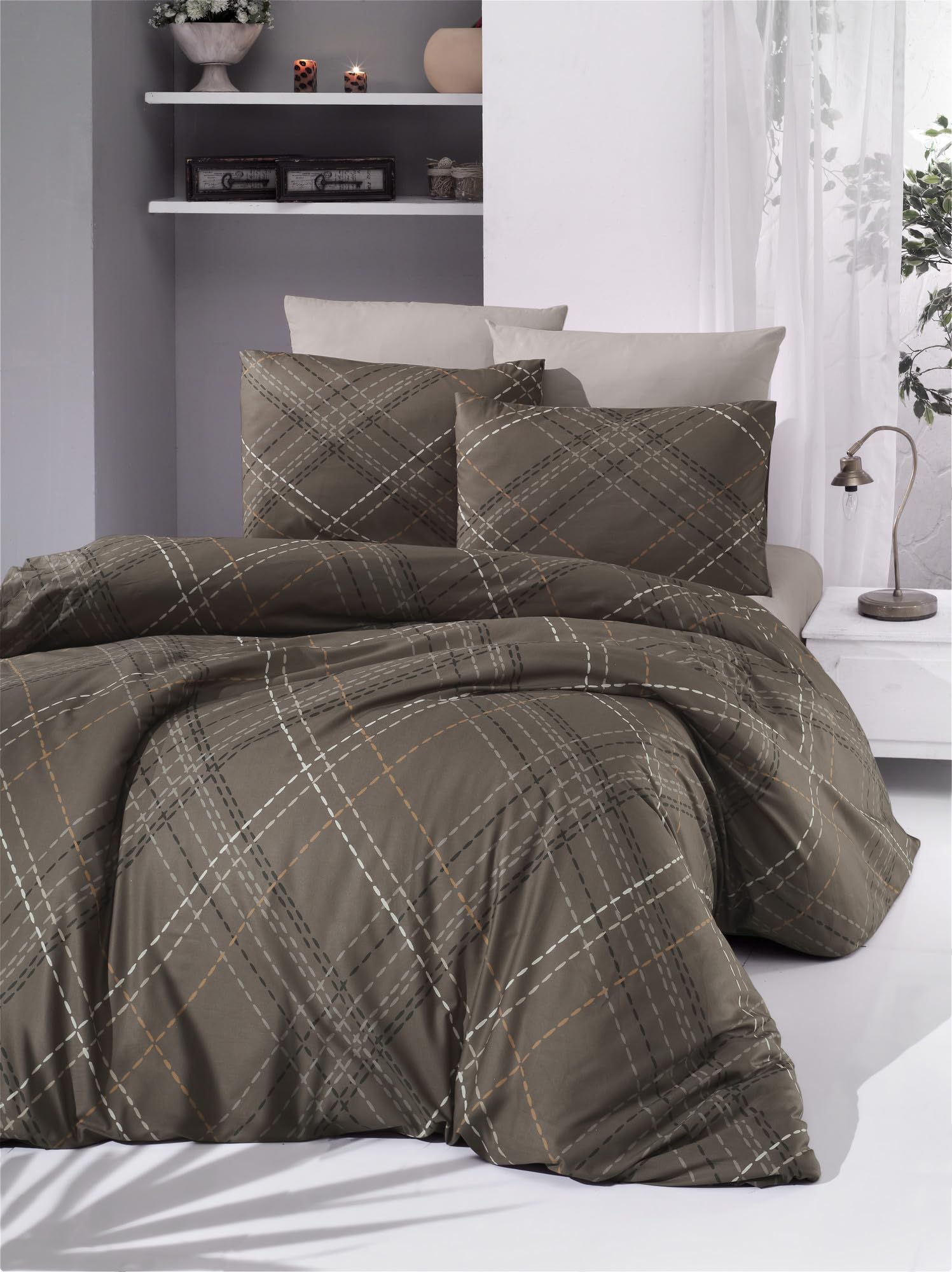Nuit Des Rêves Ranforce Single XL Quilt Cover Set, 155 x 200 cm, 100% Cotton, Machine Washable, 145 Thread Count, Brown/White & Black/Orange, Stylish & Comfortable