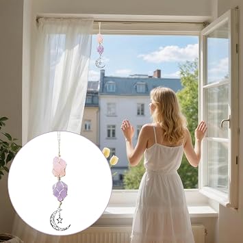 Hanging Crystal Guardian Pendant Ornament for Car, Rose Quartz Amethyst | Purple Crystal Car Mirror Hanging Accessories Crystal Stones Reiki Bohemian Witchy Spiritual Gifts for Women