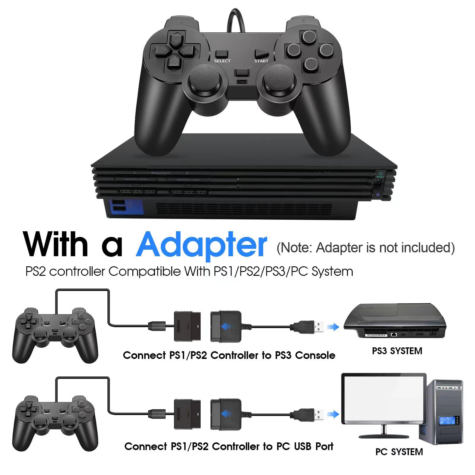 FIOTOK Controlador con cable compatible con consola PS2 con joystick mejorado/doble choque/con cable de 2.2 m PS2 mando a distancia | mejorado (negro)