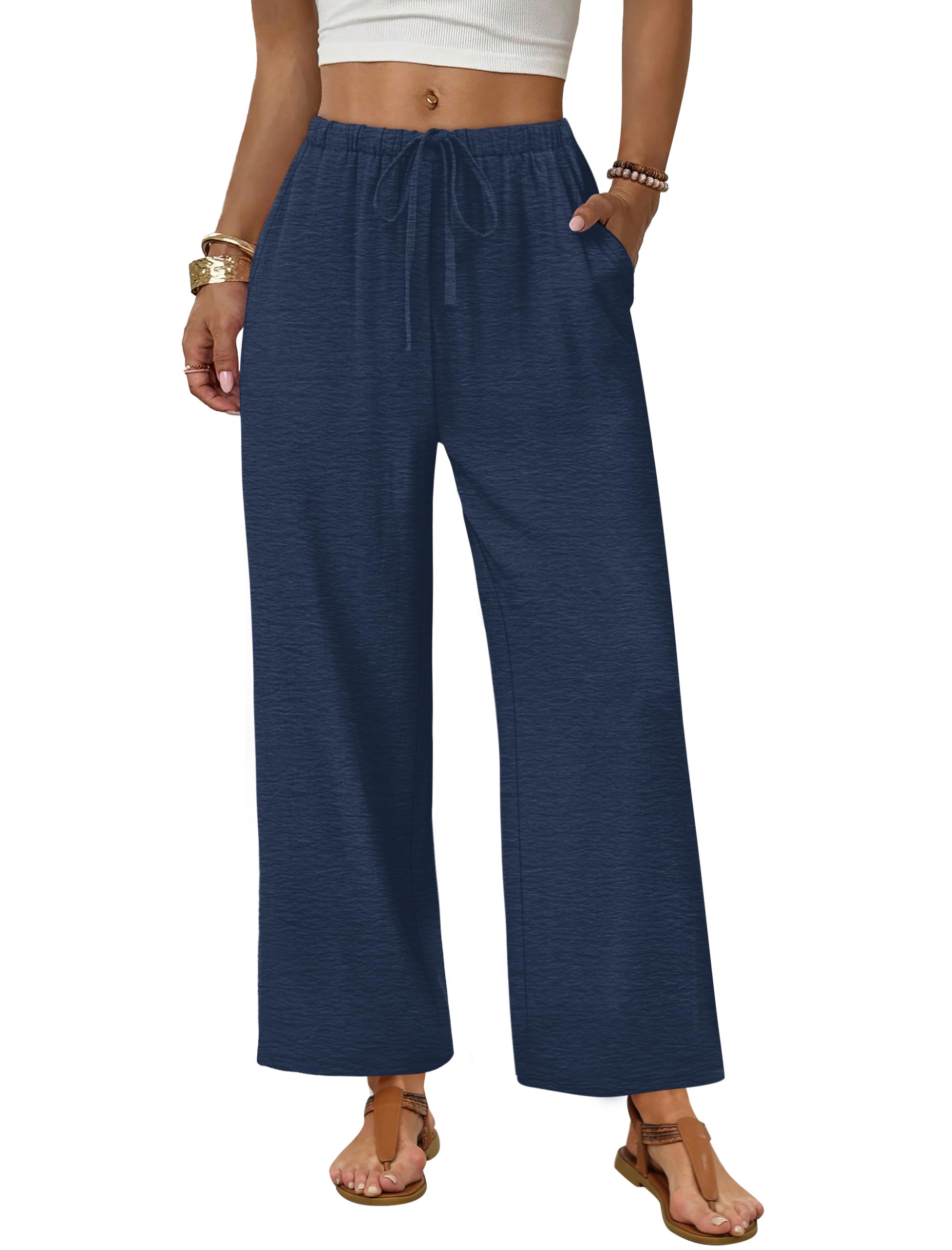 Sampeel Wide Leg Pants Women Casual Palazzo Drawstring Elastic Waist Trousers with Pockets Summer Beach Vacation Clothes — view 14