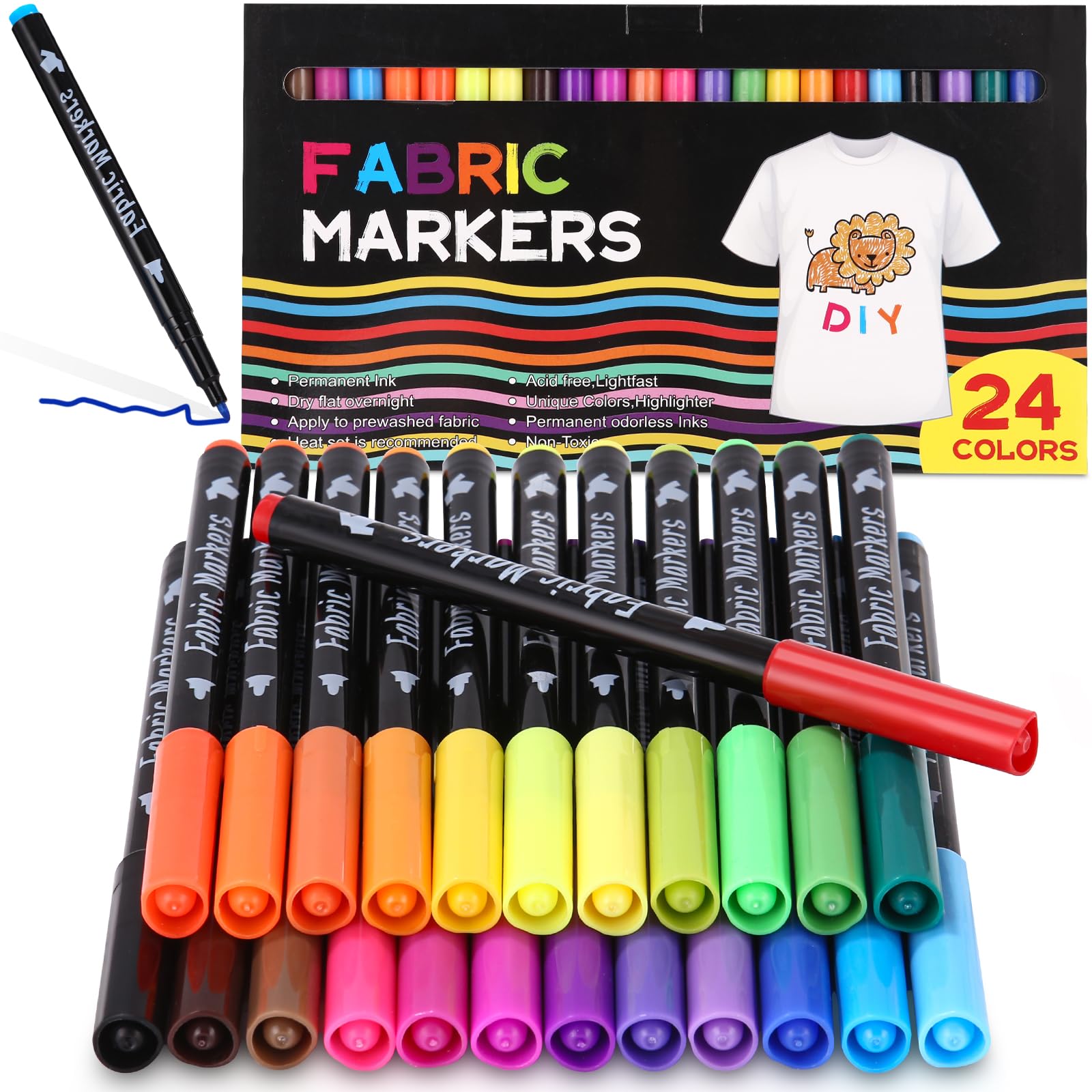 24 Rotuladores Textiles, Rotulador Textil Permanente, Rotuladores Para Tela, Marcadores de Tela Lavables a Máquina, Lápices Textiles, Perfecto para Camisetas, Sombreros, Tote Bag, Baberos, Zapatos