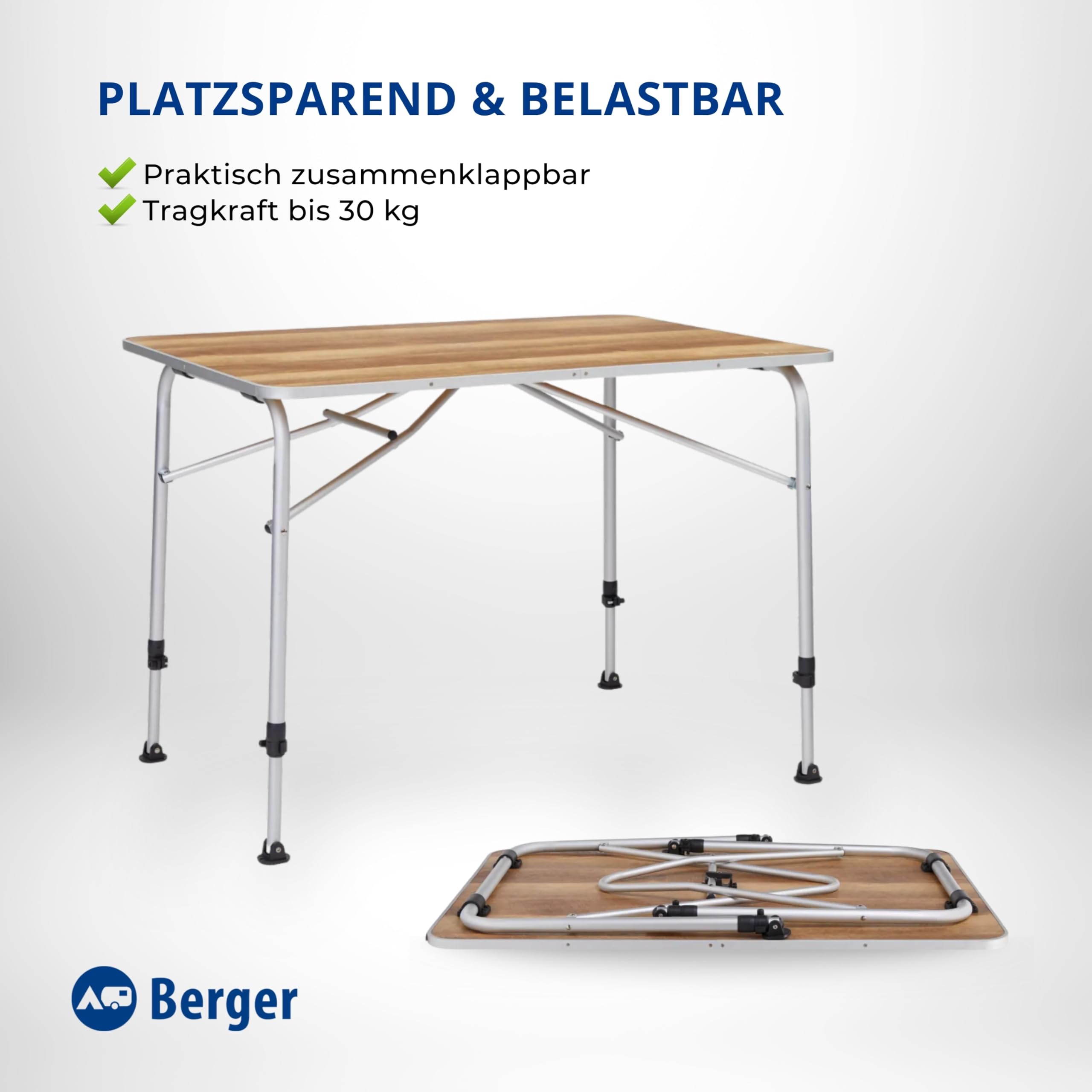 BERGER Livenza Campingtisch - Klapptisch Höhenverstellbar Alu Campingtisch Klappbar Camping Tisch Gartentisch Klappbar - Falttisch Esstisch Balkon Klapptisch Garten Terrasse (Hell, 100 x 68 cm)