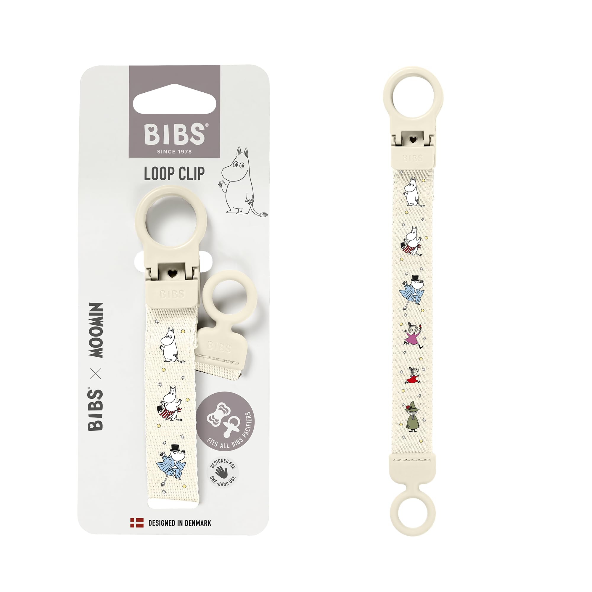 BIBS x Moomins Loop Schnullerkette – Schnullerband mit Silikon - Für Babys ab 0 Jahren - Praktische Einhandbedienung - Kompatibel mit BIBS Schnullern - Maschinenwaschbar, BPA-Frei - Ivory